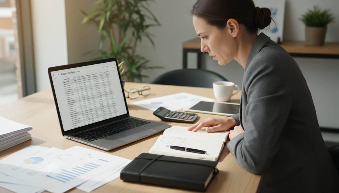 A business professional in a modern office reviewing a detailed project budget document on a laptop, with a printed spreadsheet, notepad, and pen on the desk beside them, warm natural light coming through a window