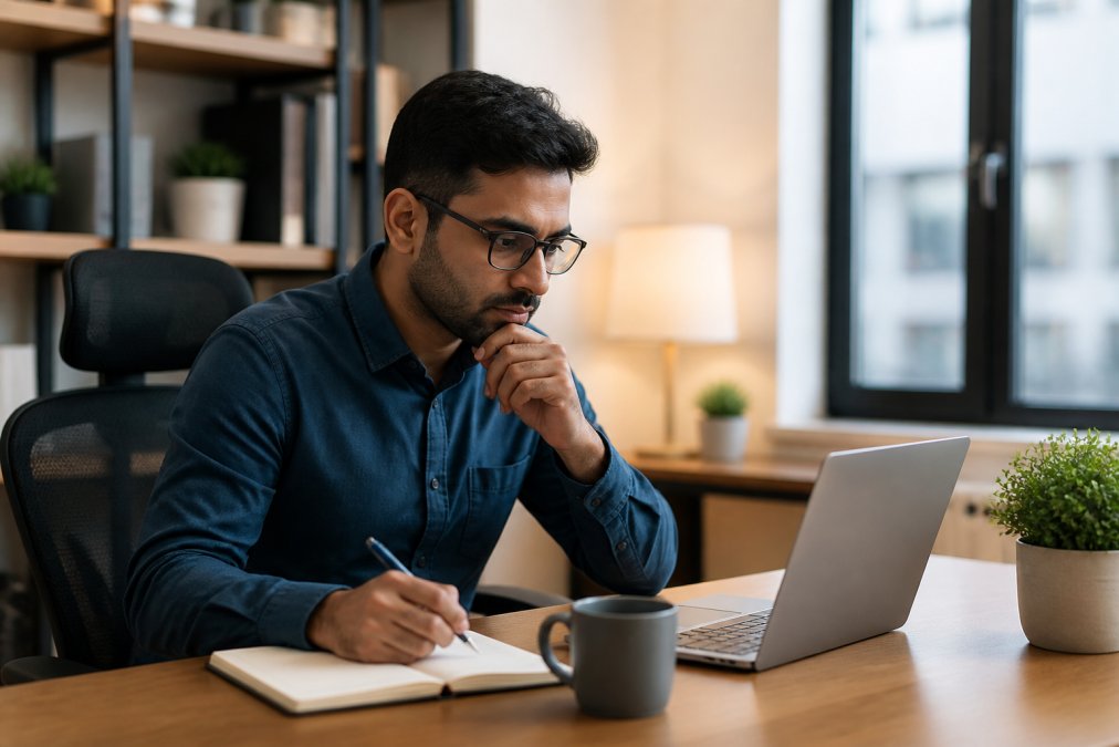 Data engineer at modern desk reviewing job postings on laptop with notebook and coffee, focused on screening opportunities