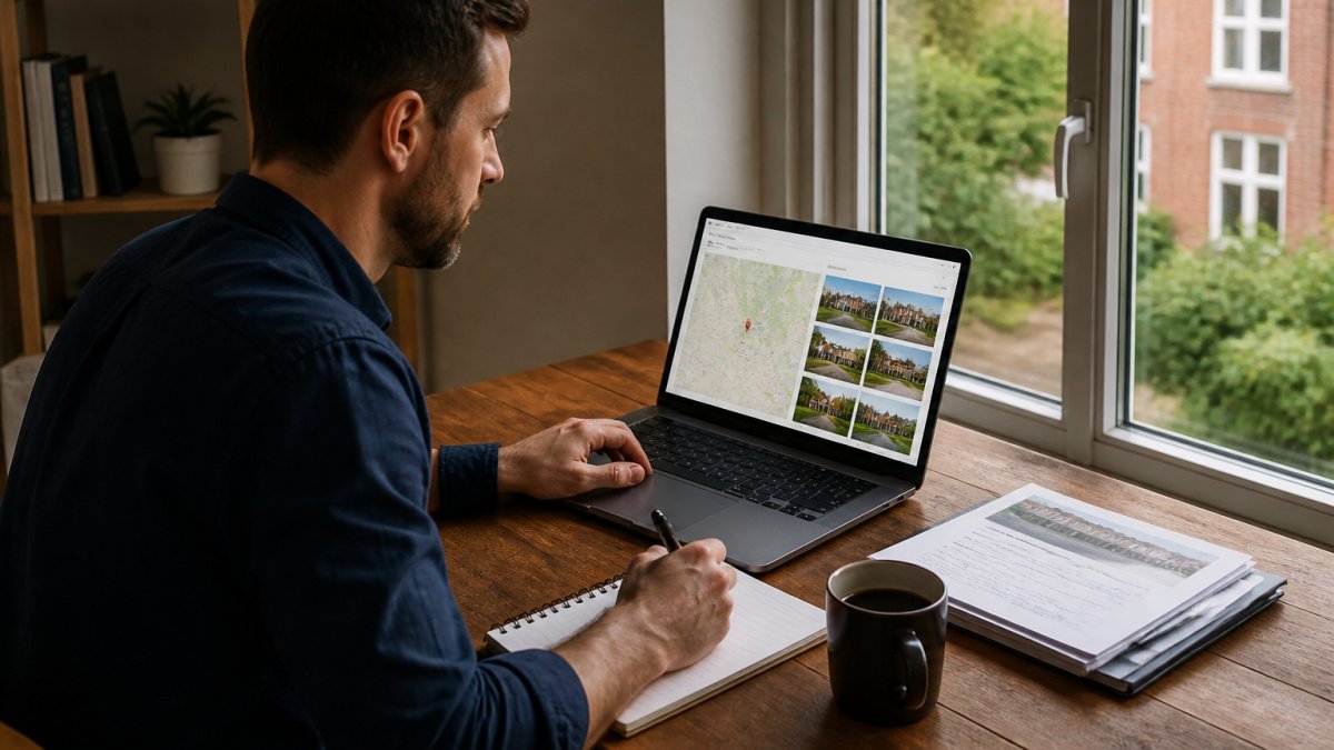 Professional at desk reviewing property area report on laptop screen with notepad and coffee, natural daylight from window