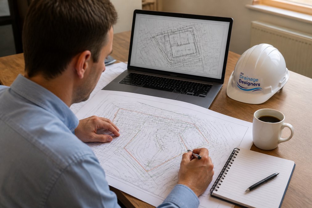 A chartered civil engineer reviewing drainage drawings and topographical survey plans on a desk, with a laptop showing a drainage layout and a notebook beside a coffee cup