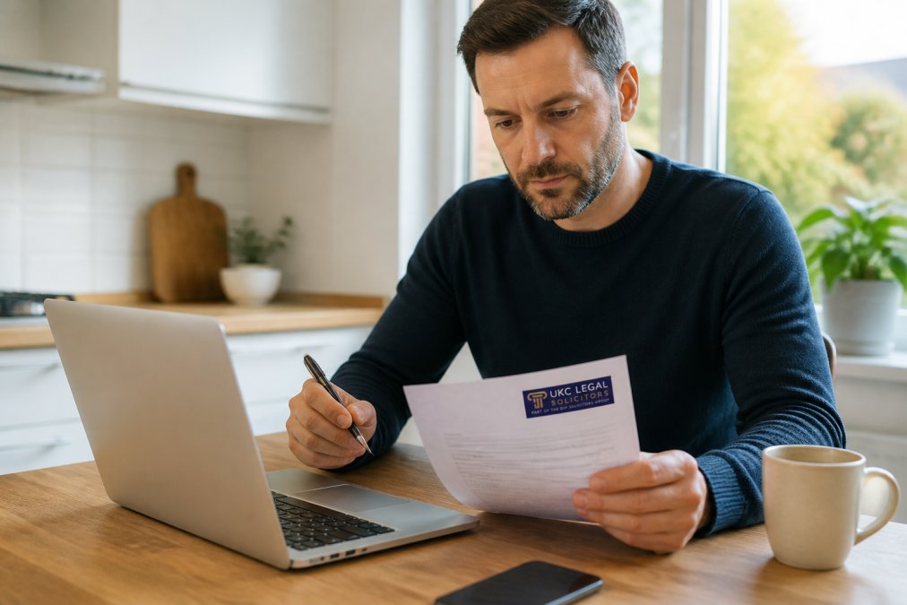 Person sitting at a kitchen table with a laptop open, reviewing a printed property document and holding a pen, warm natural daylight coming through a window behind them