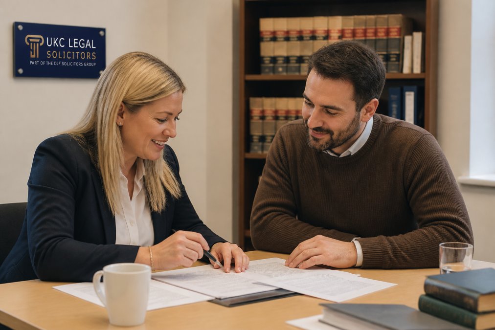A solicitor and client sitting across a desk in a bright professional office, both looking at printed paperwork together, warm overhead lighting and a bookcase visible in the background