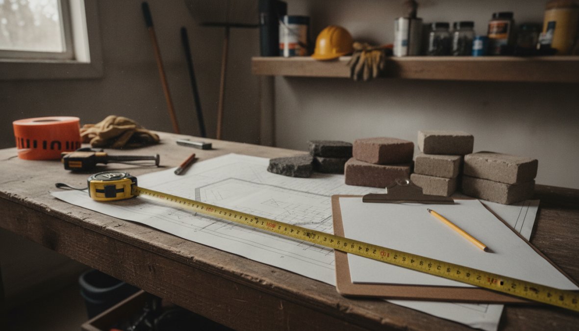 A paving contractor kneeling on a freshly laid asphalt driveway with a measuring tape, taking notes on a clipboard outside a residential home on a bright sunny day