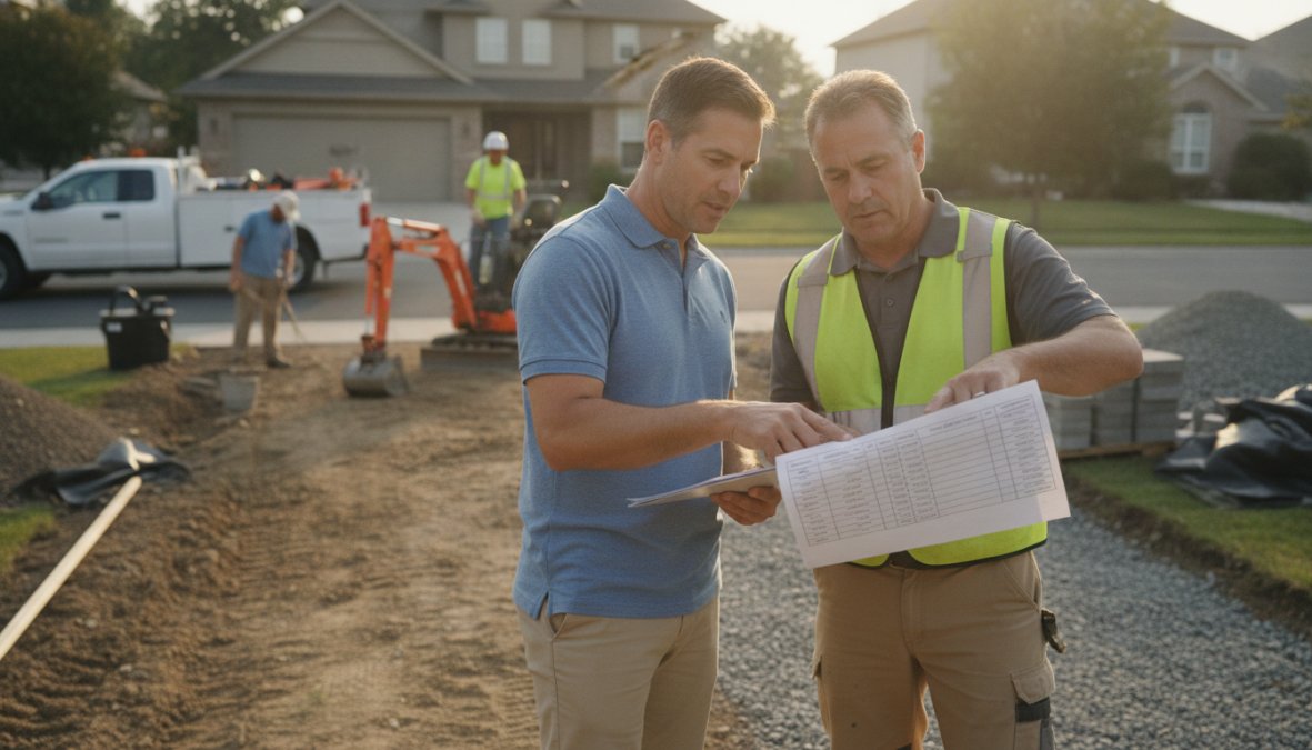 A homeowner and a professional paving contractor standing on a residential driveway in Norfolk discussing plans, with the contractor pointing at a printed quote sheet while both look engaged in conversation under natural daylight