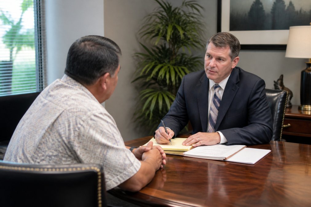 A client and a professional attorney seated across from each other at a conference table, engaged in a focused calm conversation with papers and a laptop open between them, soft office lighting