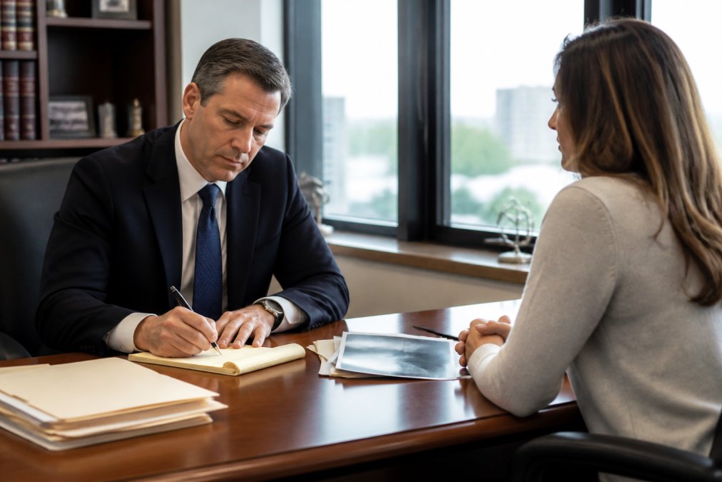 Professional attorney meeting with client across a desk in modern office setting, reviewing medical documents and taking detailed notes during initial legal consultation with natural lighting from windows