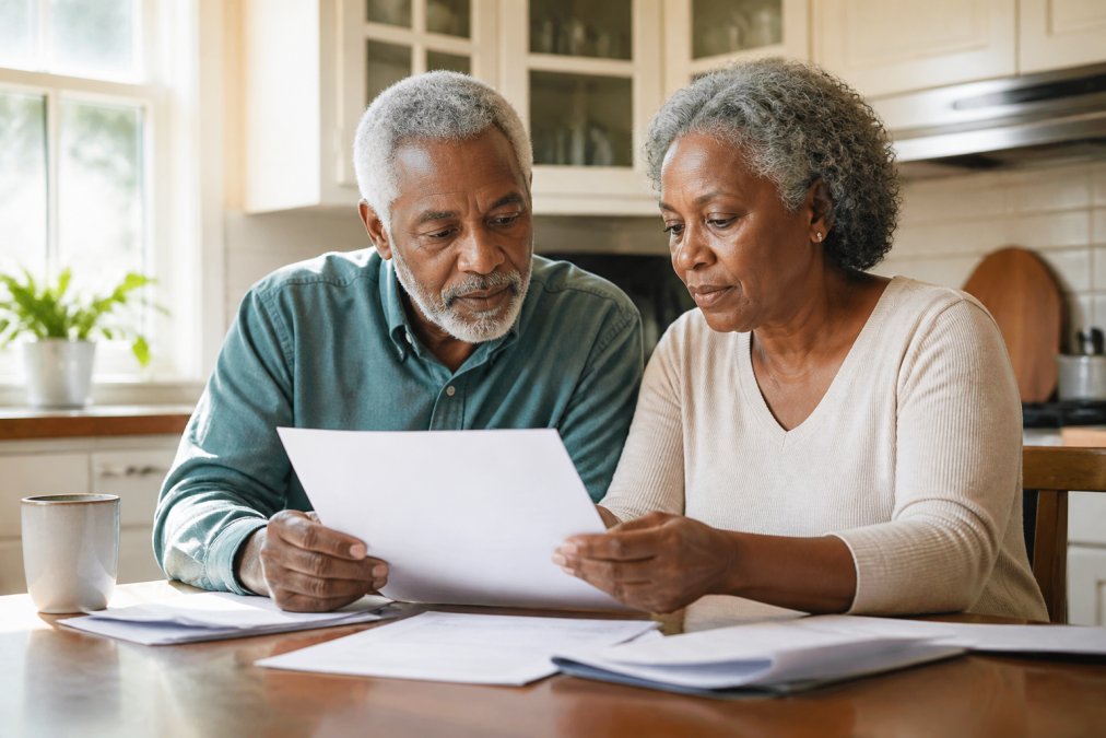 An older adult couple sitting at a kitchen table reviewing insurance paperwork together, looking calm and focused, with warm natural light coming through a window in a comfortable home setting