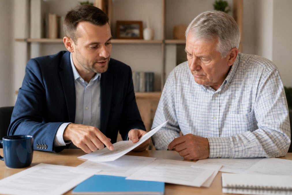 A licensed insurance agent in business casual attire sitting across from an older adult client, both reviewing documents on a table in a warm, professionally lit office setting