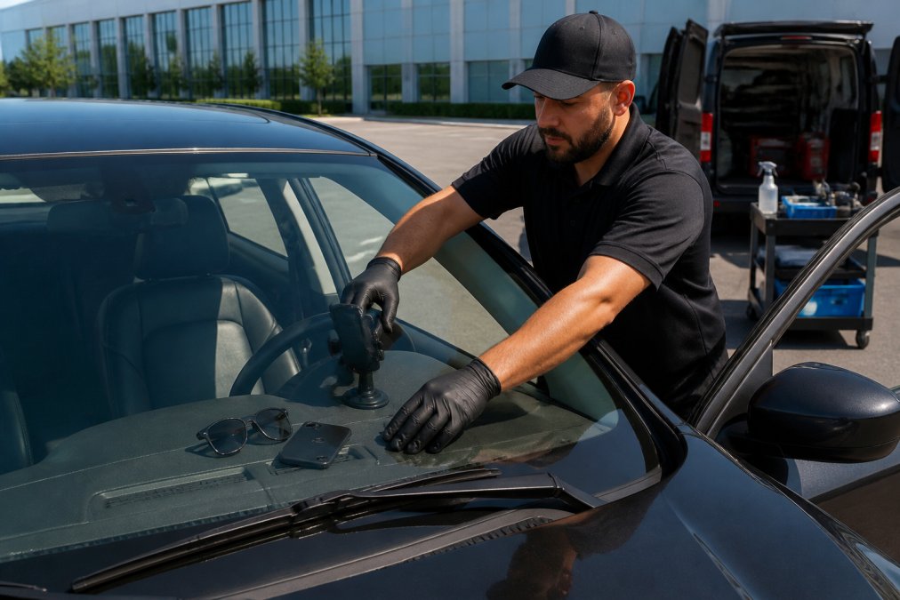Professional auto glass technician clearing dashboard items and interior of vehicle, removing sunglasses and phone mounts, with service equipment visible in background of modern parking lot