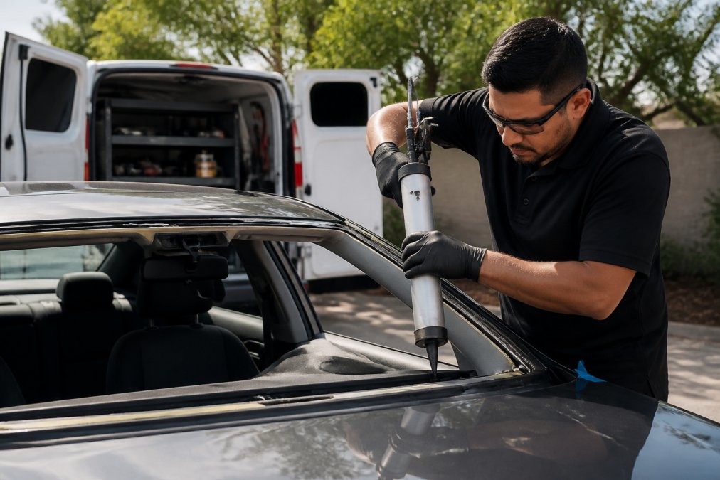 Mobile auto glass technician at vehicle applying windshield adhesive and installing new glass panel, using professional equipment with service van visible nearby in daylight