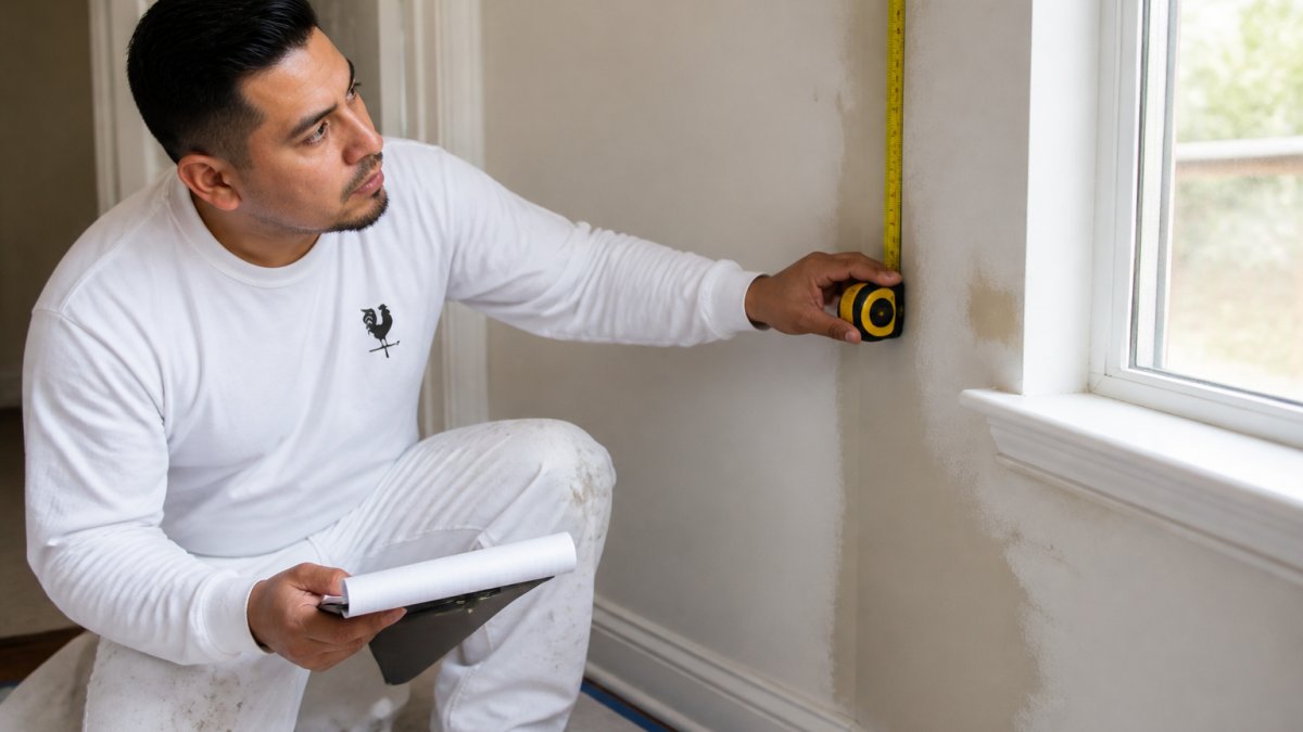Professional painter in work clothes measuring interior wall dimensions with tape measure, holding clipboard and notepad, examining surface condition near window with natural daylight