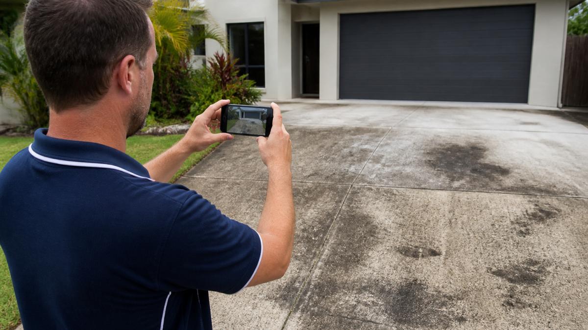 Homeowner photographing driveway stains and house exterior with smartphone to document property condition for pressure washing quote request