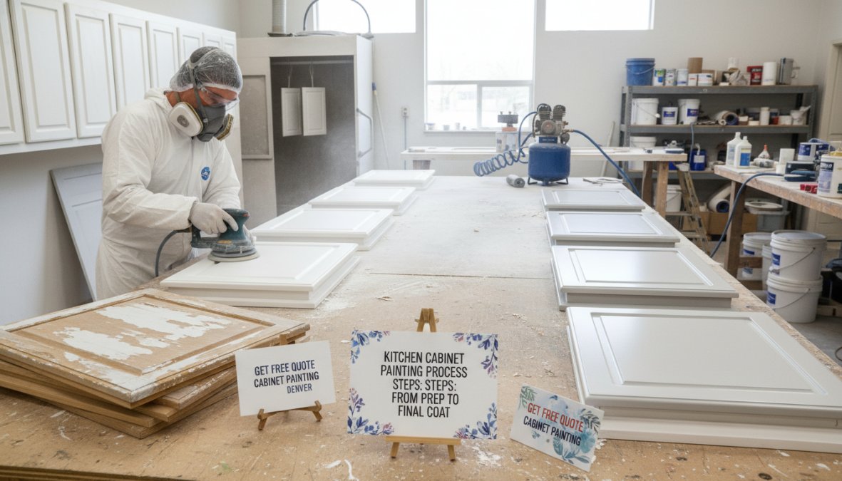 Professional painter in protective gear carefully sanding wooden cabinet doors laid flat on a workshop table, with spray painting equipment and primer cans arranged in the background under bright workshop lighting