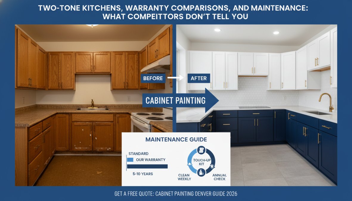 Modern kitchen with two-tone cabinets featuring dark navy lower cabinets and crisp white upper cabinets, updated brushed brass hardware, marble countertops, and warm pendant lighting in a renovated Denver-area home
