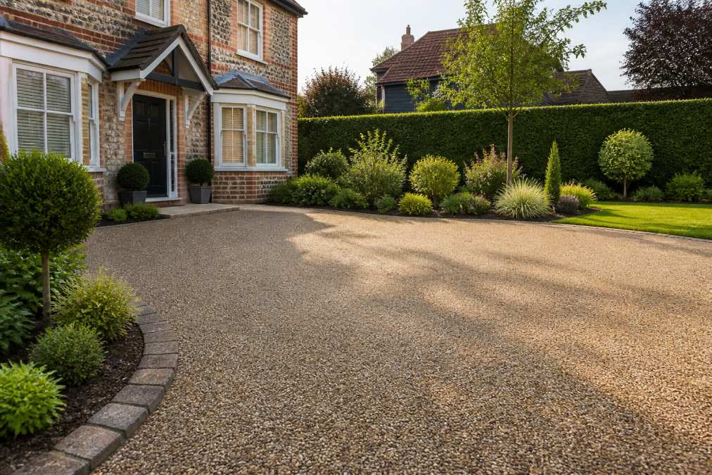 A finished resin bound driveway at a Norfolk home, with the property's garden and landscaping visible in the background, captured in soft afternoon light