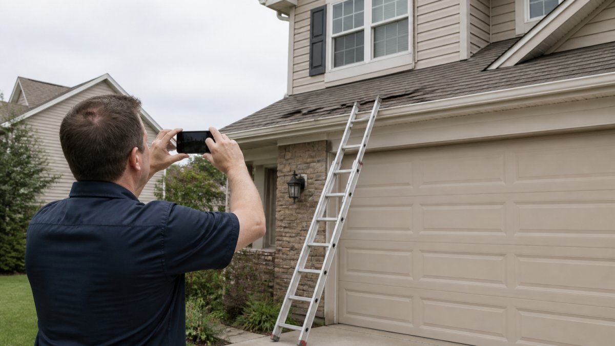 A homeowner standing safely on the ground in a residential driveway, holding a smartphone up to photograph curled and missing shingles along the edge of a two-story roof, overcast daylight, ladder resting against the garage wall