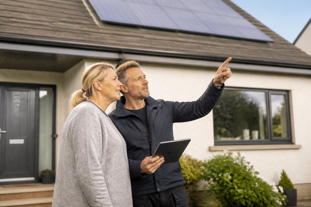 Homeowner and surveyor reviewing a tablet together while pointing toward the roof during a property assessment visit, with bright daylight illuminating the residential property
