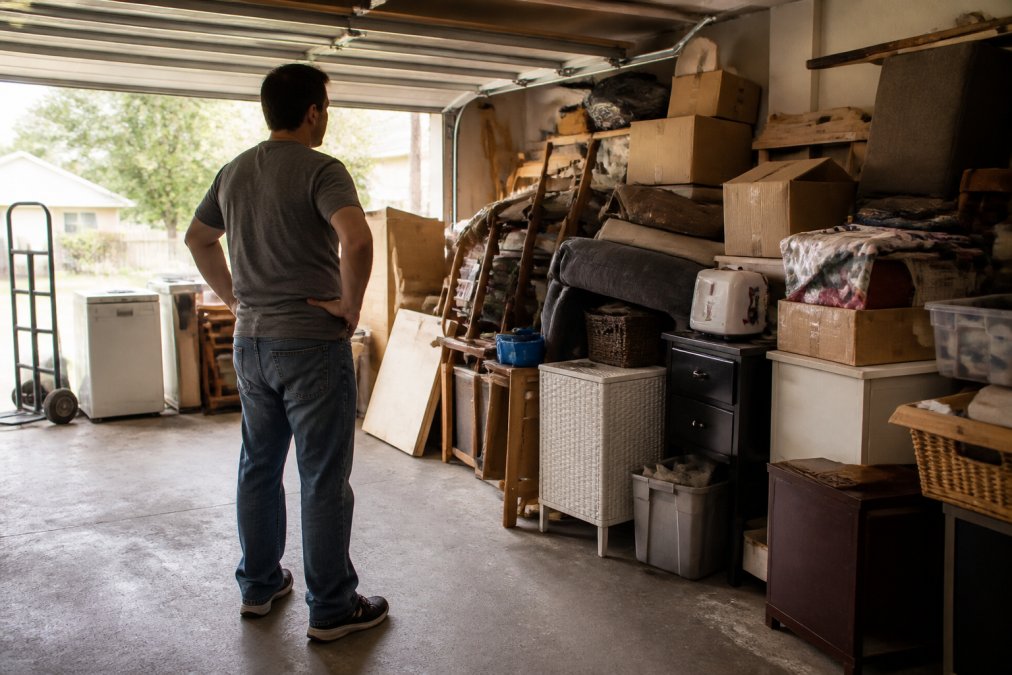 Homeowner standing in a cluttered garage with stacked furniture, old appliances, cardboard boxes, and miscellaneous items visible throughout the space, natural light from garage door