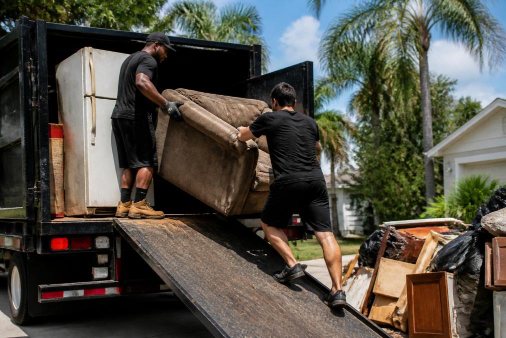 Professional junk removal crew loading a worn sofa and old refrigerator onto a truck bed, with a team member guiding items up the ramp in afternoon sunlight