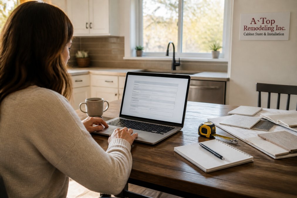 A homeowner sitting at a kitchen table with a laptop open to a quote form, a tape measure and notebook beside a coffee mug, afternoon light through a window