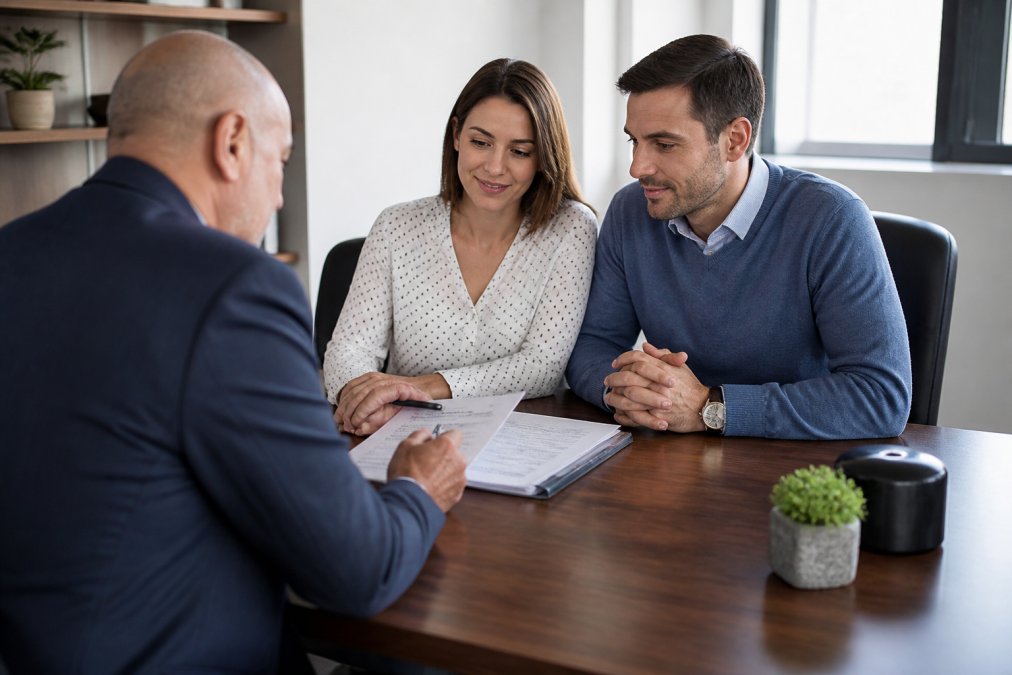 Professional insurance agent meeting with a family at a desk, reviewing documents and discussing coverage options with a reassuring expression, natural office lighting