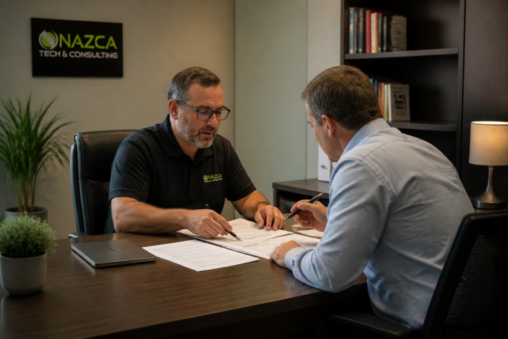 Business owner and IT consultant sitting across from each other at a desk, reviewing printed documents and a laptop screen in a professional office setting with warm overhead lighting