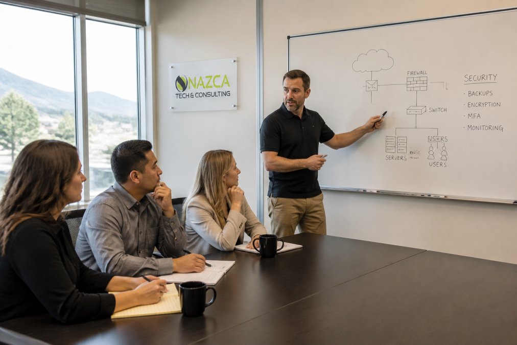 Small business team seated in a conference room asking questions to an IT professional presenting at a whiteboard with network diagrams and handwritten security notes, natural daylight from nearby windows