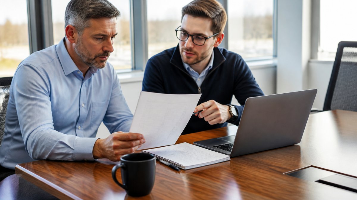 A business owner and an IT consultant reviewing a printed checklist and laptop together at a conference table, with notes and a coffee cup nearby, in a bright office
