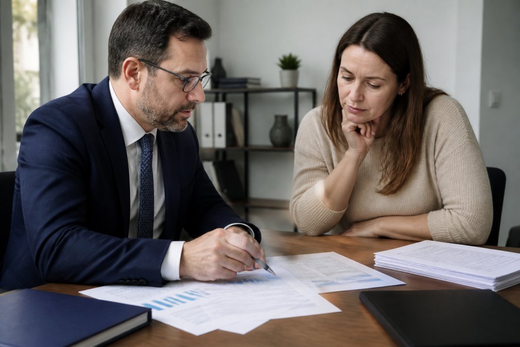 Mortgage advisor reviewing documents with a client to prepare a mortgage after bankruptcy application