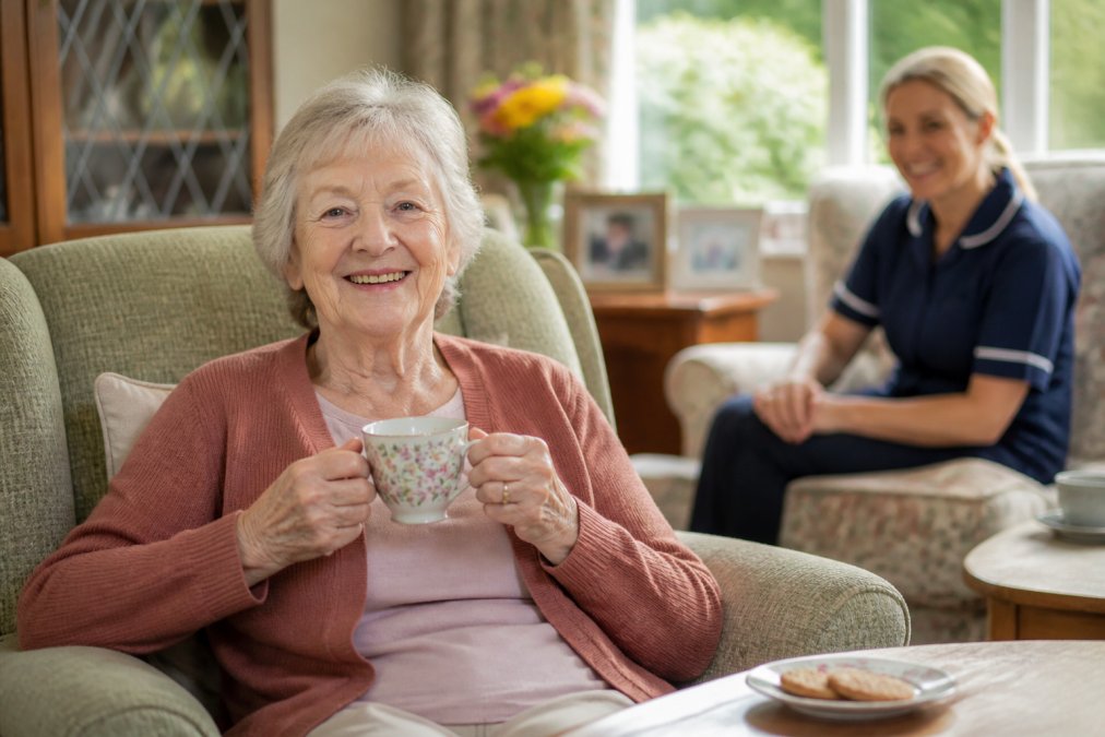 Professional illustration showing older and woman and her concepts for home care quote