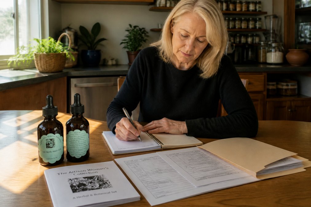 Person sitting at a kitchen table with a notebook, pen, and organized medical documents spread out, preparing for a consultation with natural light streaming through the window