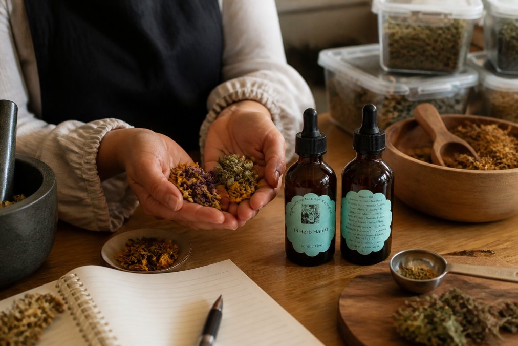 Healthcare professional's hands holding fresh herbs and botanical materials on a wooden surface, with a consultation notebook and measuring tools visible nearby, natural lighting