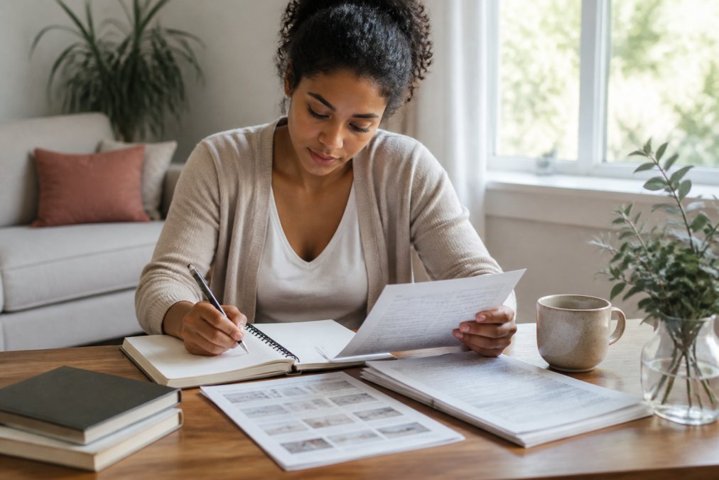 Woman sitting at home reviewing health documents and notes, writing in a wellness journal with a cup of tea nearby, natural lighting from a window