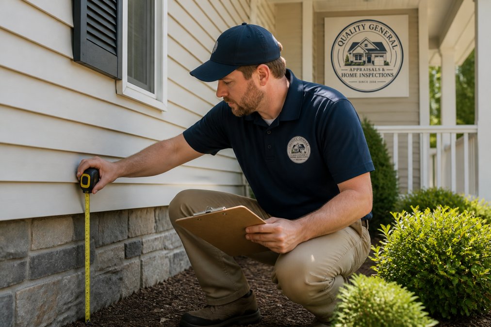 Professional appraiser conducting exterior property evaluation with clipboard and measuring tape, photographing foundation and siding details in natural daylight