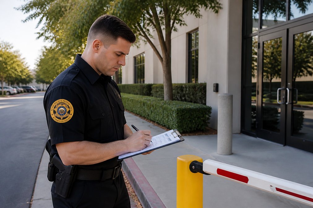 Professional security officer in uniformed attire conducting a detailed site survey and security assessment at a commercial property entrance, examining access points and perimeter in daylight