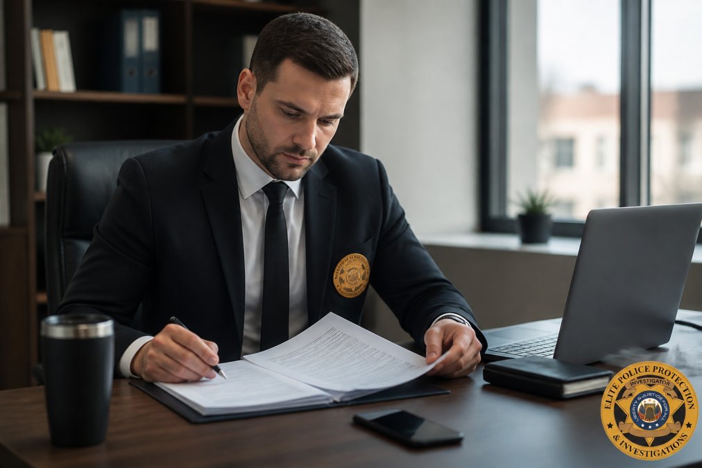 Business professional carefully reviewing a comprehensive security service agreement document at a modern desk, with laptop and mobile device displaying security monitoring dashboard, natural office lighting