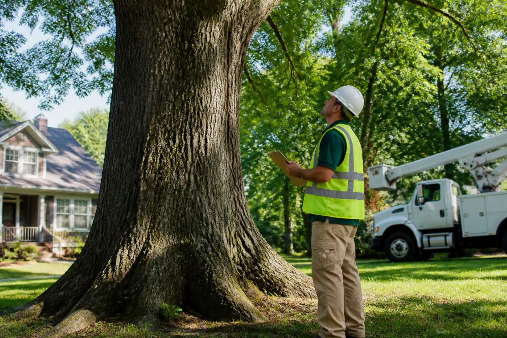 A professional arborist in a hard hat and safety vest examining a large oak tree in a residential yard, holding a clipboard, with a bucket truck parked in the background under bright afternoon sun