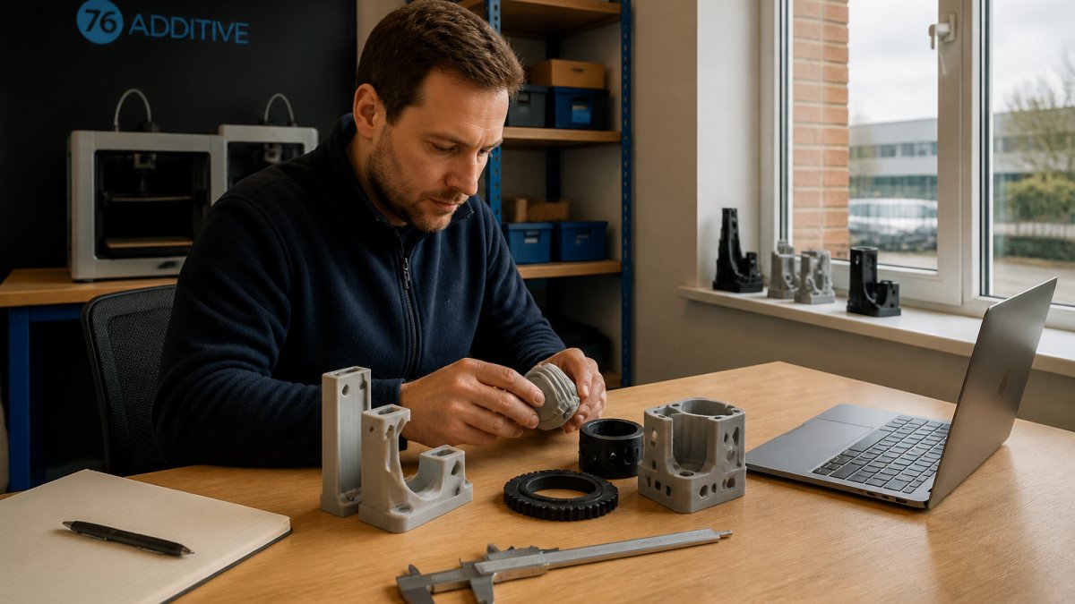 Design engineer checking prototype components before requesting a 3d printing quote in a bright workshop.