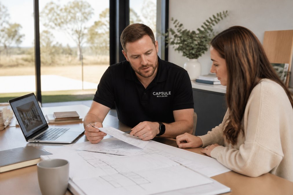 A builder and client reviewing floor plans and a quote document together at a desk, with a laptop open showing a home design tool, in a bright modern office with natural light coming through large windows