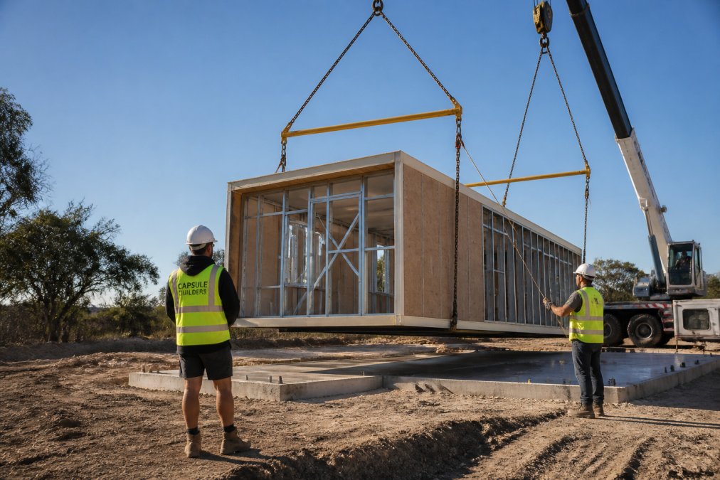 A steel-framed modular home module being craned onto a prepared foundation on a regional WA block, with two workers in high-vis vests and hard hats overseeing the delivery under a clear afternoon sky