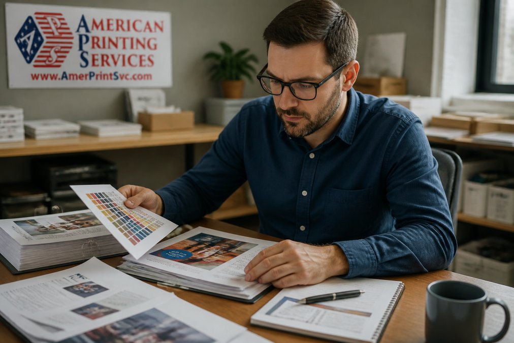 Professional business person at desk reviewing printed color samples and proofs while preparing specifications for bulk print quote submission, with organized files and design mockups visible