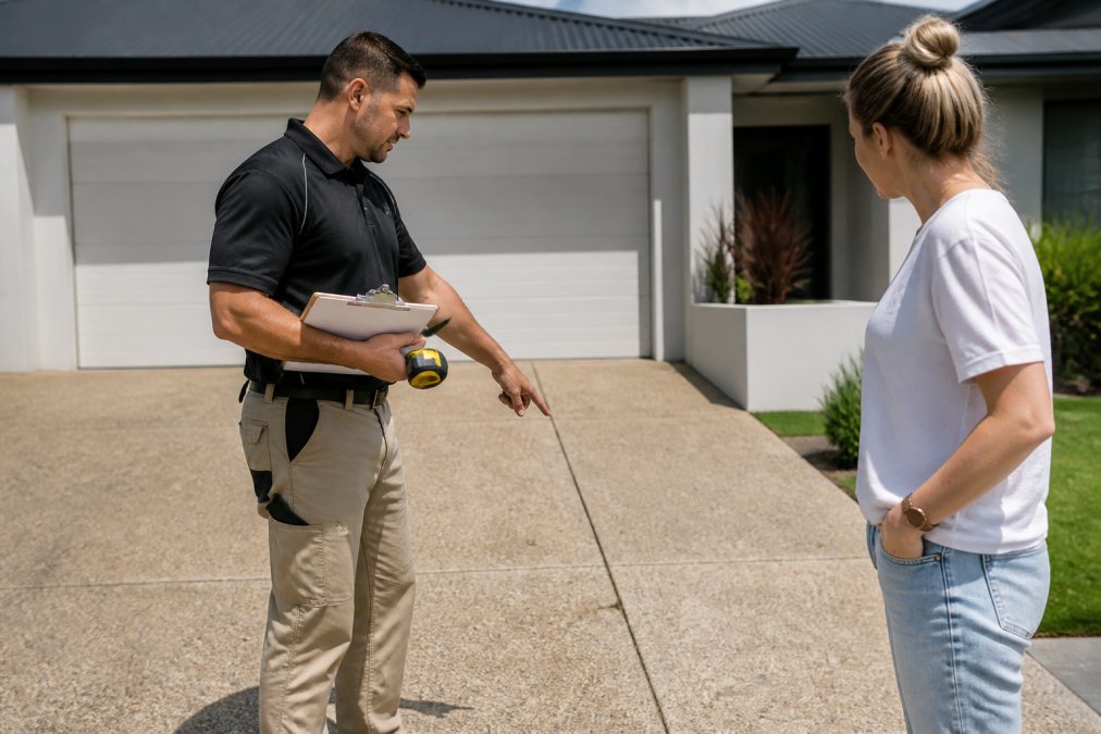 Professional contractor standing on a residential driveway holding a clipboard and measuring tape, gesturing toward different sections of the concrete while discussing with a homeowner, natural daylight