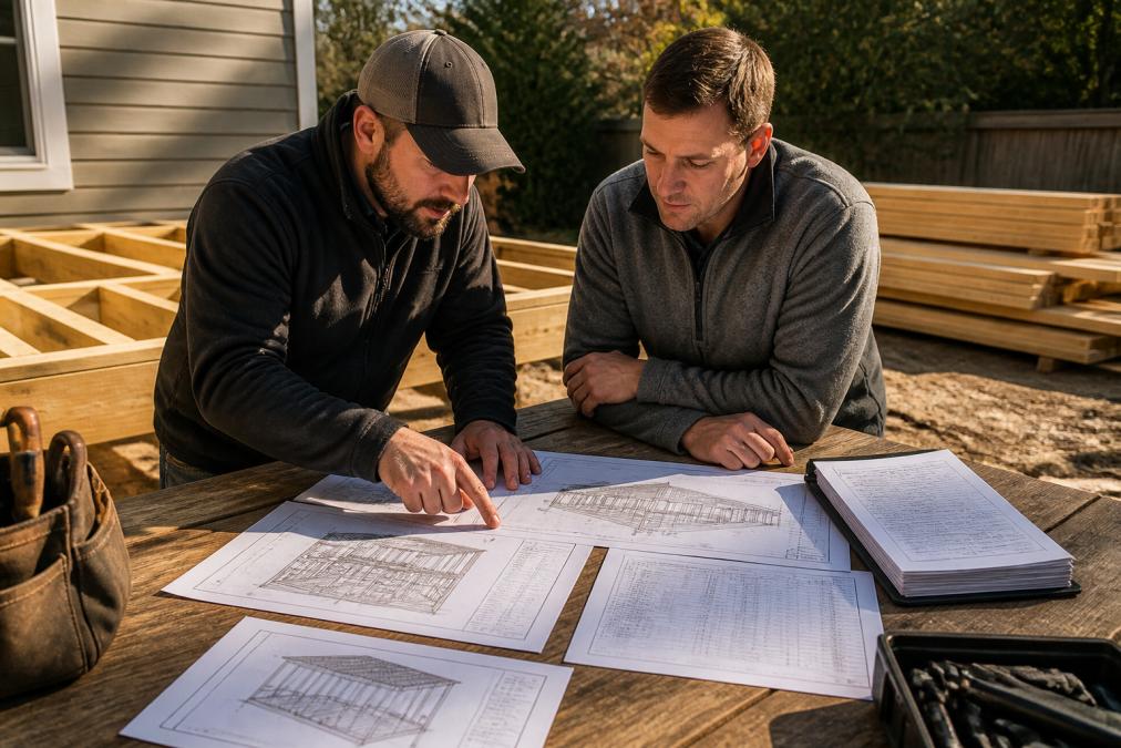 A contractor and homeowner reviewing a deck framing plan and estimate papers spread across a wooden table at a residential job site, lumber stacked in the background under afternoon sunlight