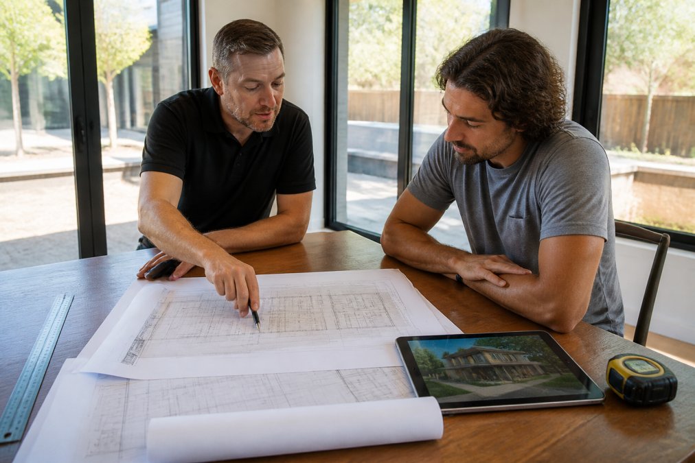 Professional contractor and homeowner reviewing detailed architectural plans and blueprints together at a wooden table, with a tablet displaying 3D renderings and measurement tools visible in natural daylight