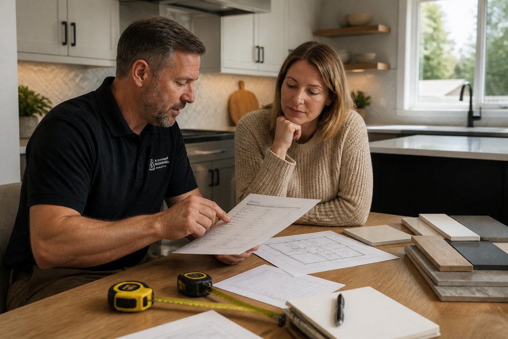 Step-by-step process for reviewing a home renovation Cloverdale quote and floor plans with a contractor.
