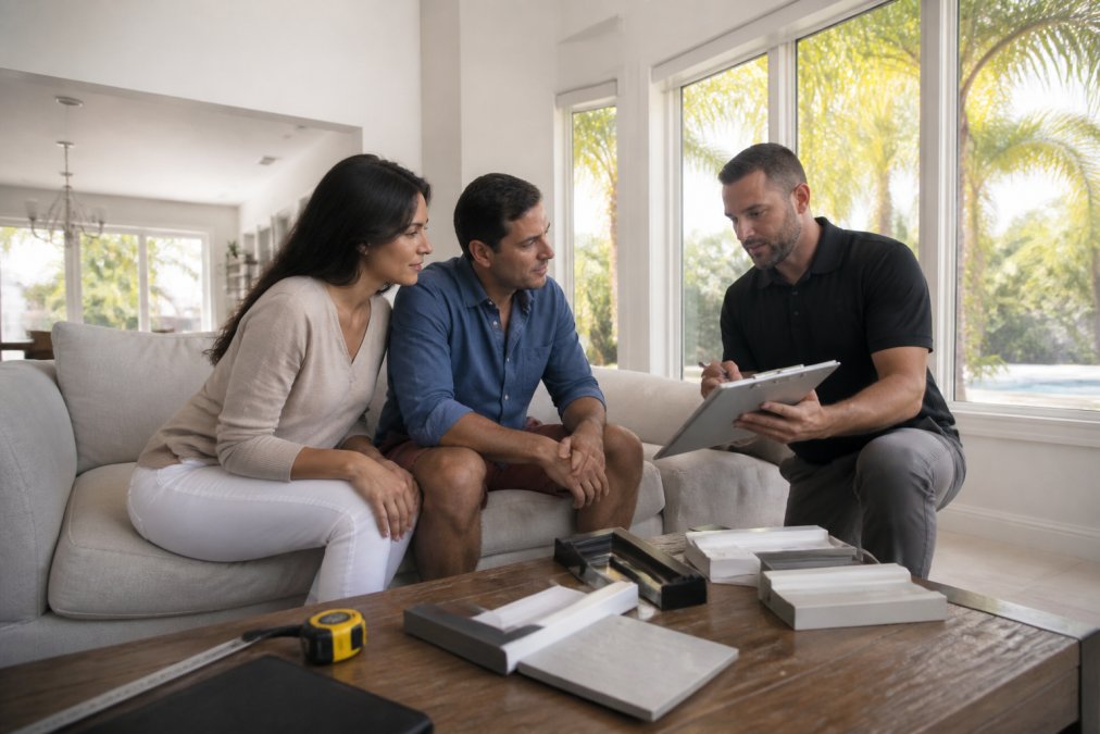 Homeowner meeting with professional contractor in residential living room, reviewing window measurements and specifications on clipboard while discussing impact window options, natural sunlight streaming through existing windows