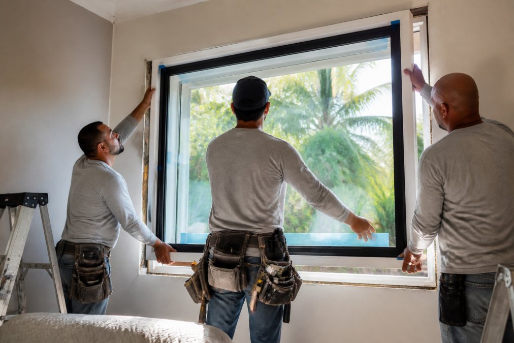 Professional installation crew carefully placing impact-resistant window frame into residential home opening, showing proper alignment and sealing techniques with modern equipment visible, afternoon sunlight illuminating the work area