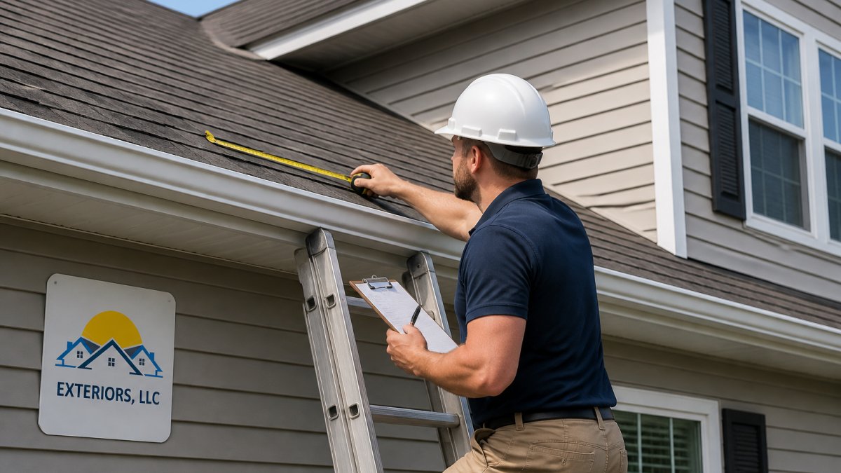 Professional roofing contractor measuring roof pitch and dimensions on a residential home while taking notes on a clipboard during an on-site inspection