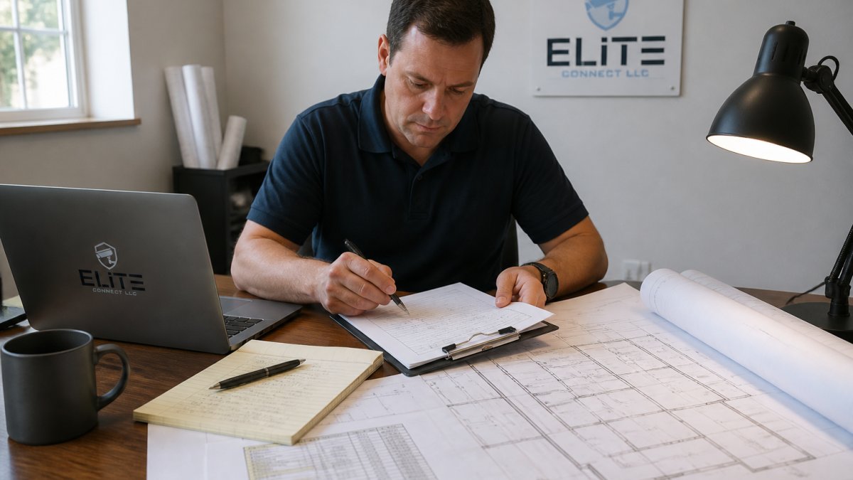 Property manager reviewing site blueprints and security assessment notes at a desk with laptop, clipboard, and floor plans under task lighting
