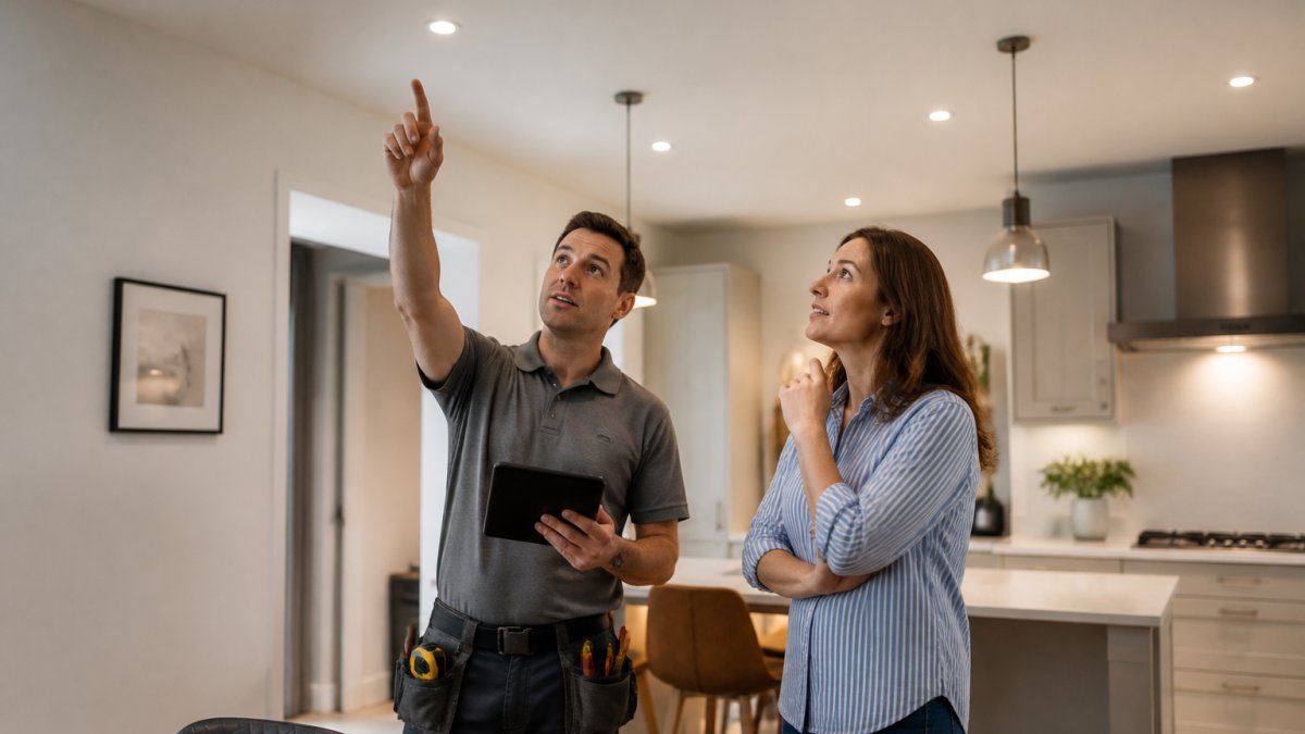Electrician reviewing a smart lighting quote with a homeowner using an automation app in a modern kitchen.